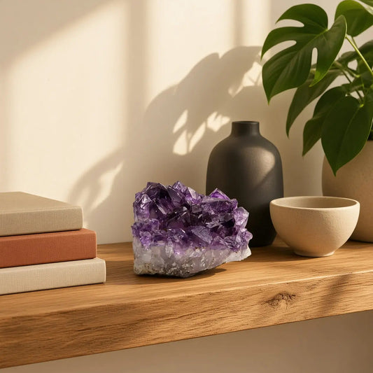 Amethyst crystal cluster on a wooden shelf with books and ceramics