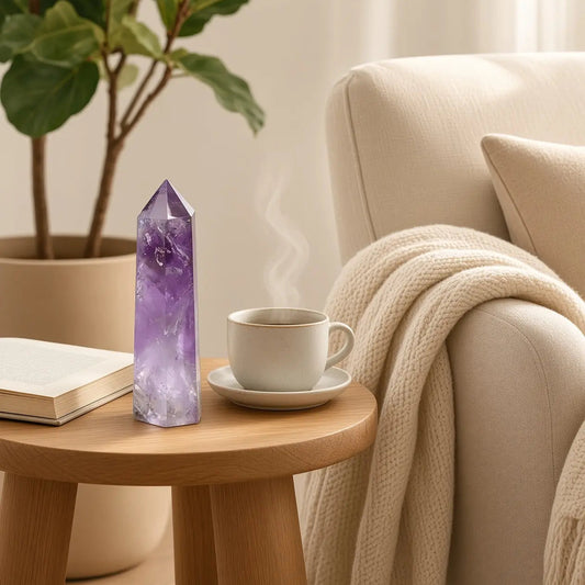 Obsidian crystal tower on a wooden console with bowl and greenery
