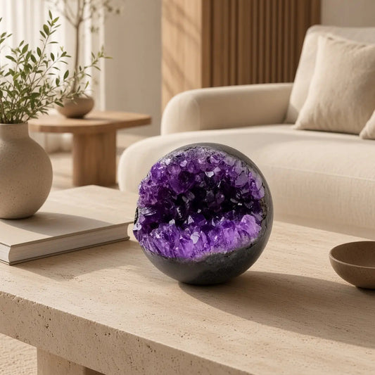 Amethyst geode sphere on a living room coffee table