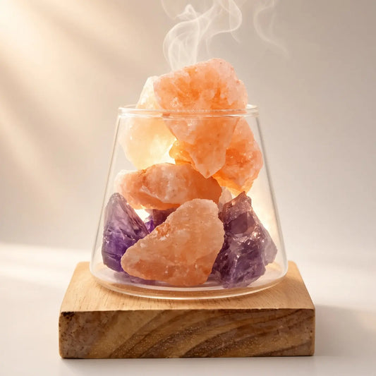 Amethyst and Himalayan salt aroma lamp glowing in a glass vessel