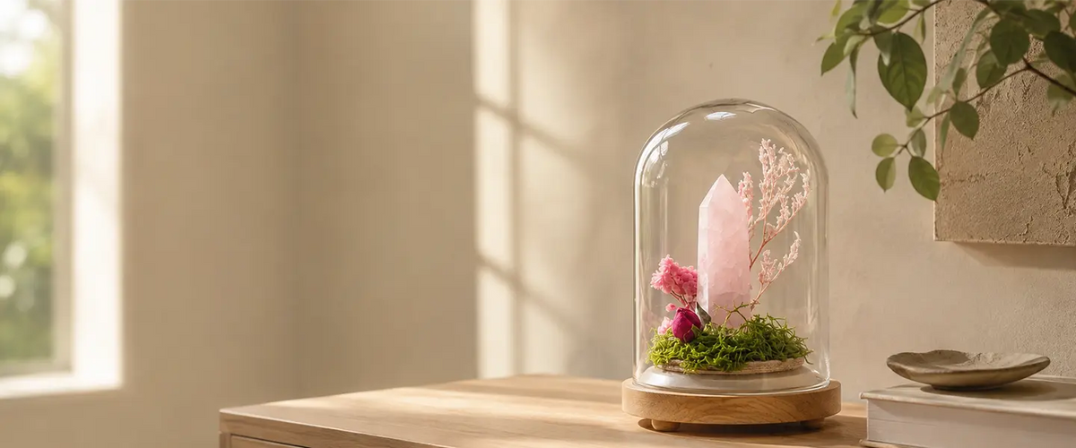 Rose quartz crystal terrarium in a glass cloche, warm cozy home decor.