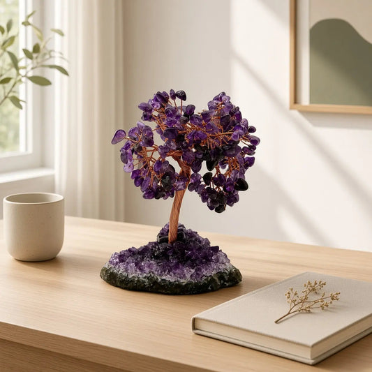 Amethyst crystal tree on a sunlit wooden desk with mug and notebook