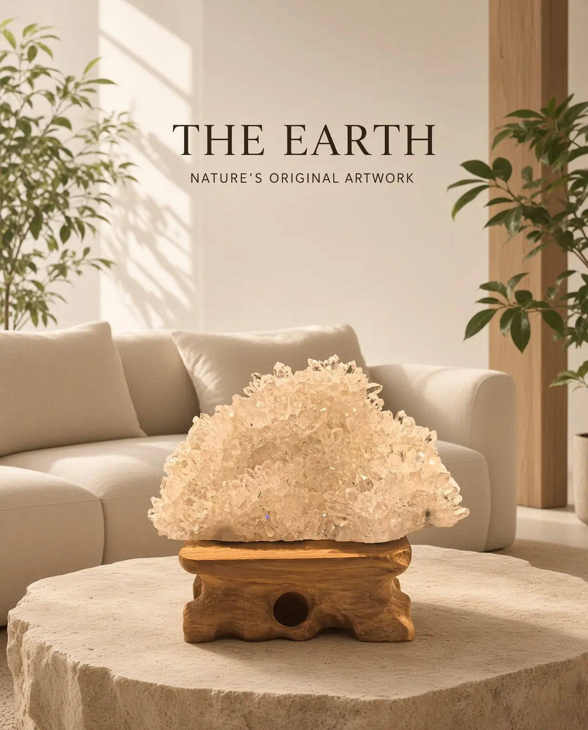 Clear quartz cluster sculpture on a wood stand with “The Earth” brand text
