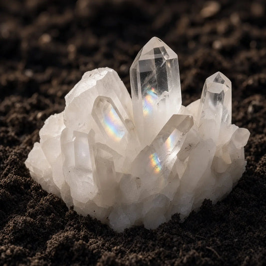 Clear quartz cluster displayed on soil