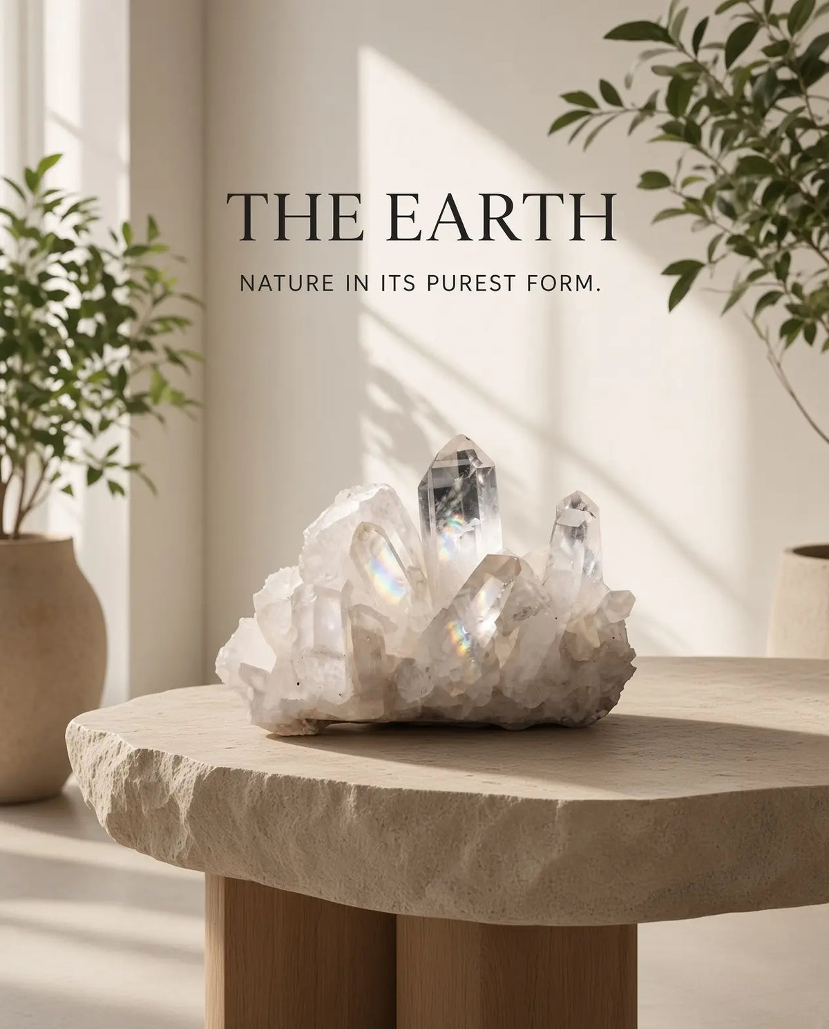 Clear quartz cluster on a stone table with “The Earth” brand text