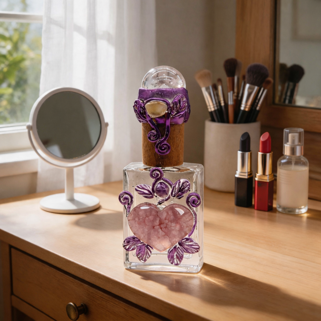 Handcrafted Amethyst & Rose Quartz Crystal Heart Perfume Bottle — Ritual Vessel & Altar Decor