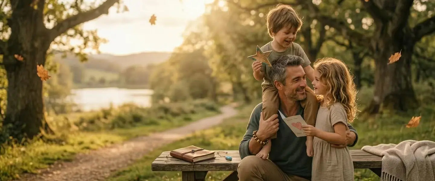 Dad with his son on his shoulders and daughter beside him at golden hour by a lake, celebrating Father's Day