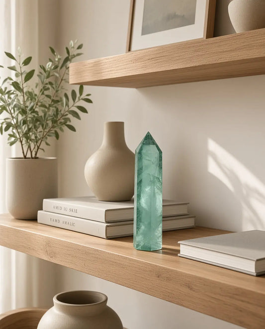 Green fluorite crystal tower on a wooden shelf with books and ceramics