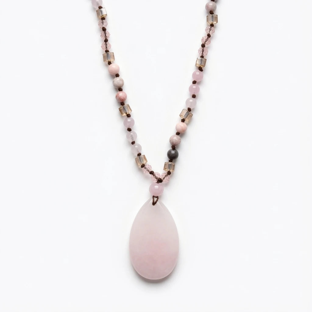 CHIGROVE Rose Quartz Pendant Necklace | Beaded Boho Crystal Jewelry