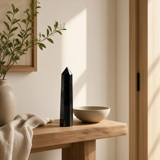Obsidian crystal tower on a wooden console with bowl and greenery