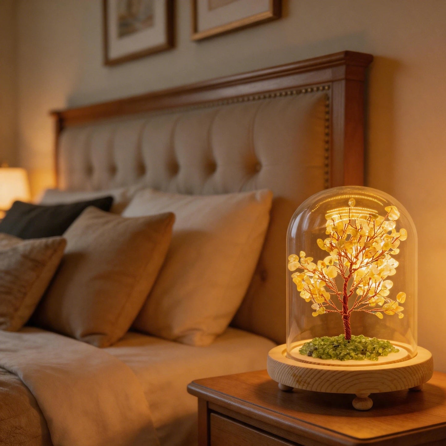 Citrine Tree of Life LED lamp with glass dome, USB-powered wooden base, spiritual home decor for meditation and prosperity.