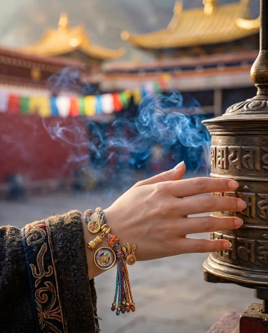 Hand wearing a Thangka bracelet turning a prayer wheel, incense smoke and a monastery courtyard behind