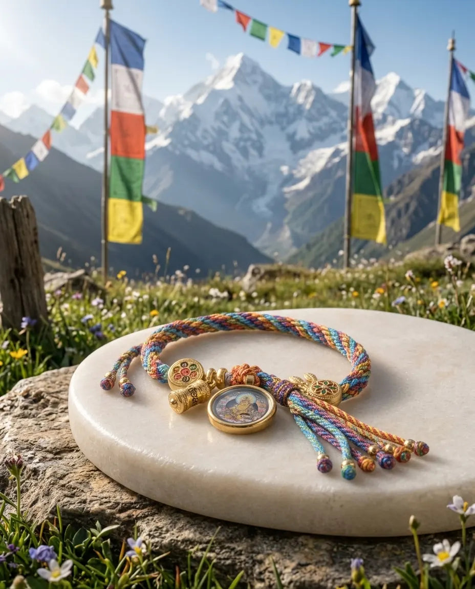 One braided Thangka bracelet on a white stone disc, with prayer flags and snow mountains behind