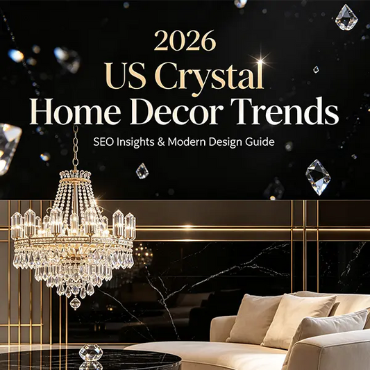 Sustainable upcycled crystal decorative pieces + LED smart crystal lighting fixtures, close-up shot of textured natural crystal details