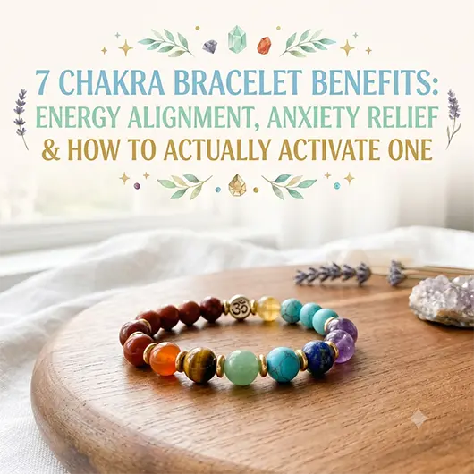 Seven chakra bracelet on white surface showing seven natural gemstone beads in rainbow order from red jasper root chakra to clear quartz crown chakra, with lava stone spacer beads and loose carnelian tiger's eye and amethyst stones beside it