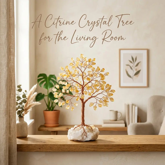 Hands placing a citrine crystal tree on a living-room table as a small daily ritual