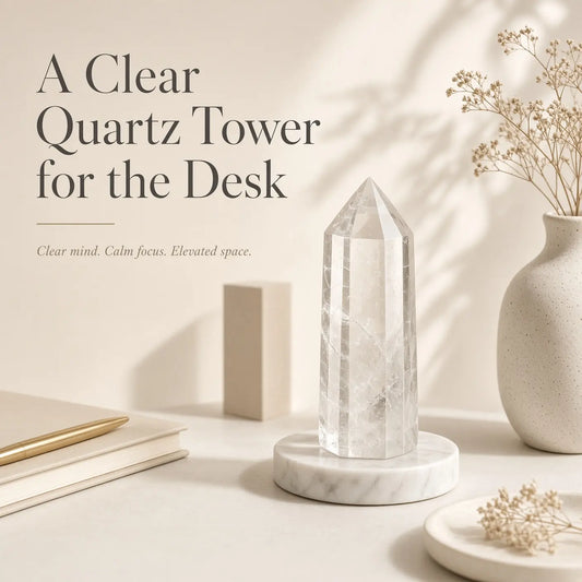 Clear quartz crystal tower on a sunlit wooden desk beside a mug, notebook, and small plant