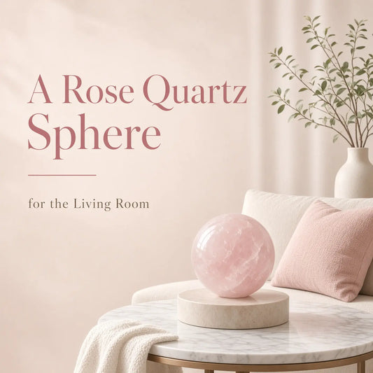 Close-up of a polished rose quartz sphere with soft pink clouds inside the stone