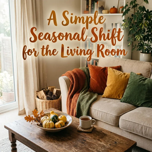 Seasonal living room with crystals, stones and changing trees outside