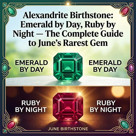 Alexandrite gemstone shown in two lighting conditions side by side — vivid green color in natural daylight and deep raspberry red under incandescent candleligh