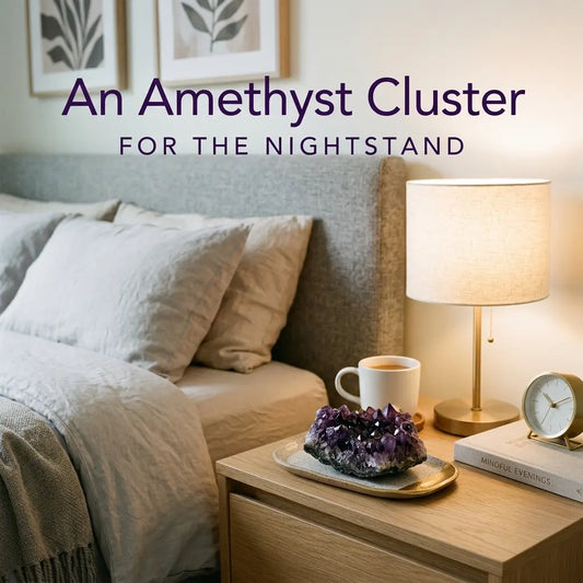 Amethyst crystal cluster on a wooden nightstand beside a cup, plant, and lamp in a calm bedroom