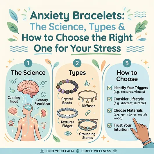 Collection of anxiety and stress relief bracelets on white surface including amethyst beaded crystal bracelet
