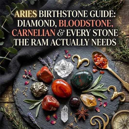 Aries birthstone crystal collection on terracotta red linen surface featuring a diamond clear quartz point
