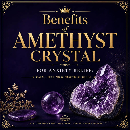 Serene arrangement of raw and polished amethyst crystals resting on a wooden table alongside a burning candle