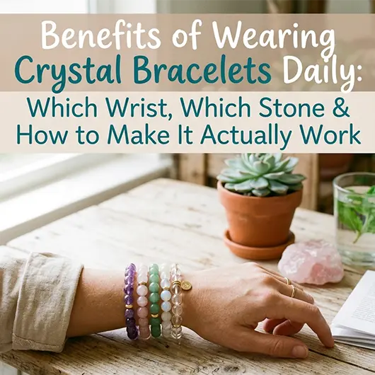 Collection of natural crystal bracelets for daily wear displayed on wrist including rose quartz beads, amethyst, tiger's eye, black tourmaline, and citrine stacked together, healing bracelet styling guide