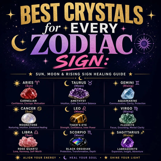Zodiac wheel crystal healing display with tumbled stones for 12 astrological star signs