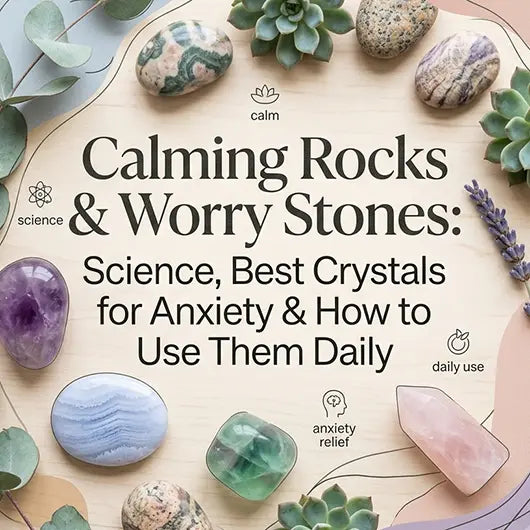 Collection of calming rocks and worry stones on white surface including smooth amethyst palm stone