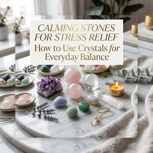 Smooth calming stone on a wooden table beside a lit candle in a quiet wellness setting