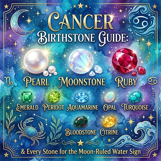 Cancer birthstone crystal collection on pale silver moonlit fabric featuring lustrous white pearl