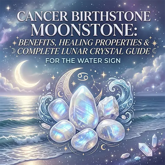 Cancer zodiac moonstone crystal collection on silver fabric featuring opalescent moonstone bracelet showing blue adularescence glow