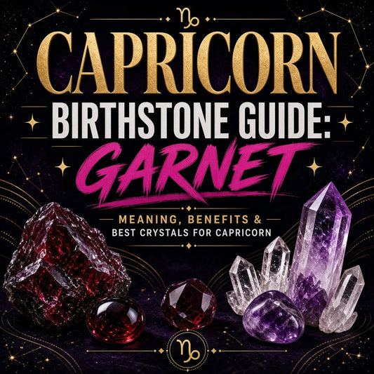 Capricorn birthstone Garnet crystal with zodiac symbol and gemstone meaning guide