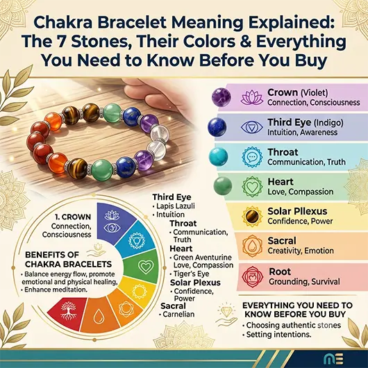 Seven chakra bracelet meaning diagram showing all seven natural gemstone beads labeled from red root chakra jasper to violet crown chakra amethyst, with lava stone diffuser base beads, laid flat on white surface with soft natural lighting