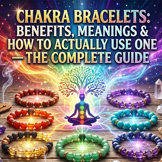 Seven chakra healing crystal bracelet laid flat on white surface showing seven colored gemstone beads representing root to crown chakras including red jasper, carnelian, citrine, rose quartz, lapis lazuli, amethyst, and clear quartz