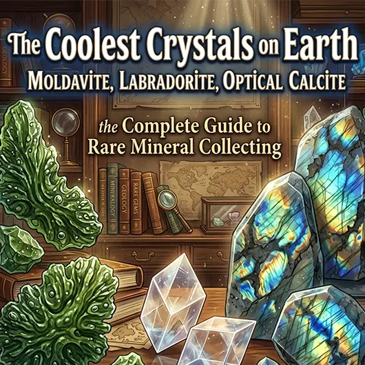 Collection of rare and unique crystals on dark surface including green moldavite tektite, iridescent labradorite showing blue and gold flashes, clear optical calcite, purple amethyst geode, and bismuth rainbow hopper crystal under dramatic lighting