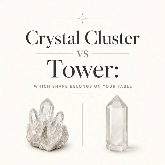 Small amethyst cluster on a nightstand beside a lamp