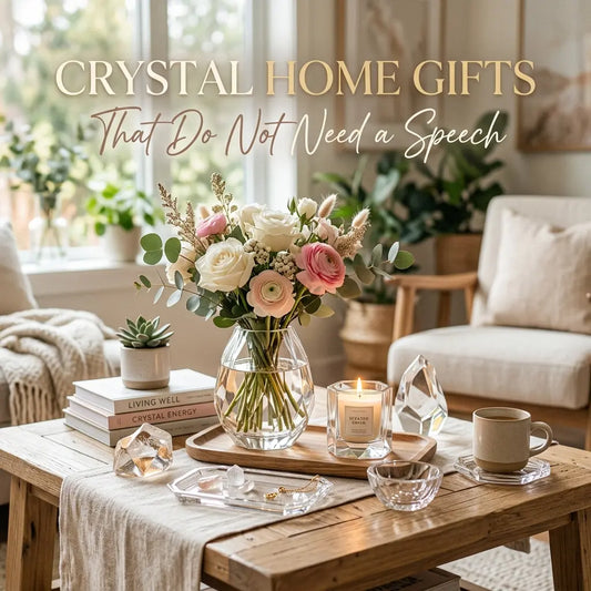 Gift card and rose quartz sphere on a wooden table