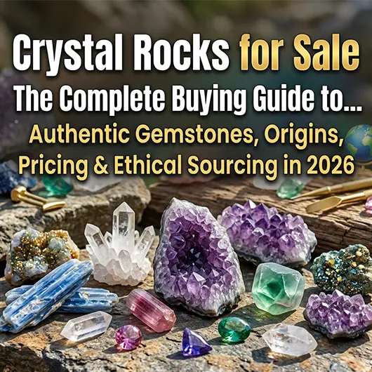 Collection of natural crystal rocks for sale on white surface including rose quartz cluster, raw amethyst geode, tumbled clear quartz, black tourmaline, and citrine point, authentic healing gemstones buying guide