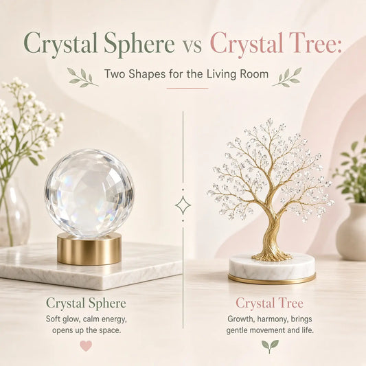 Rose quartz sphere and citrine crystal tree side by side on a wooden living-room table