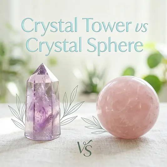 Clear quartz tower at the corner of a wooden desk