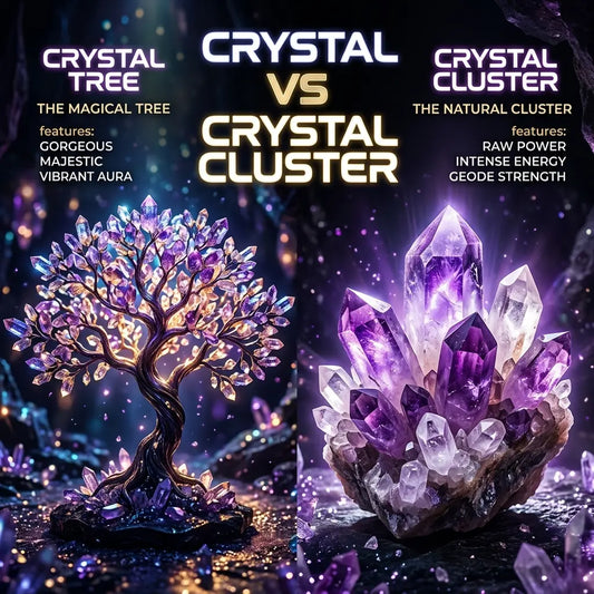 Citrine crystal tree and amethyst cluster side by side on an oak table