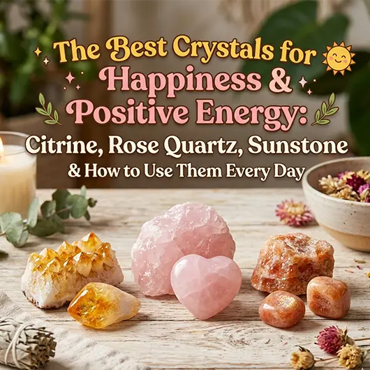 Natural healing crystals for happiness arranged on white surface including golden citrine tower, pink rose quartz tumbled stone, orange carnelian, purple amethyst cluster, and clear quartz point with warm soft lighting