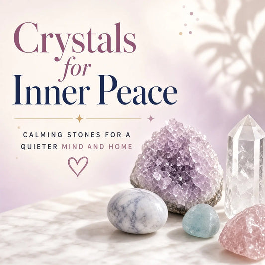 Healing crystals arranged on a wooden table with lavender