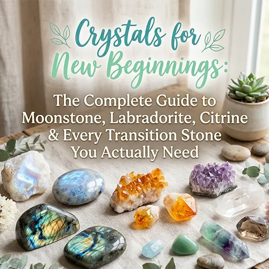 Collection of crystals for new beginnings on white surface including moonstone, labradorite, citrine tower, green aventurine, smoky quartz, and clear quartz point arranged for life transition and fresh start crystal guide