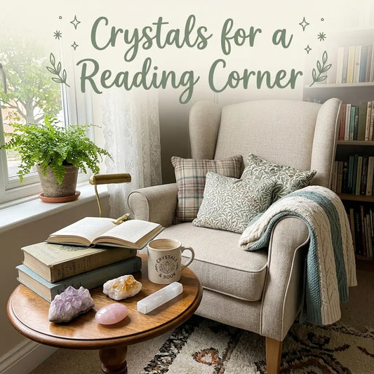 Amethyst cluster and a cup on a side table beside a linen reading chair