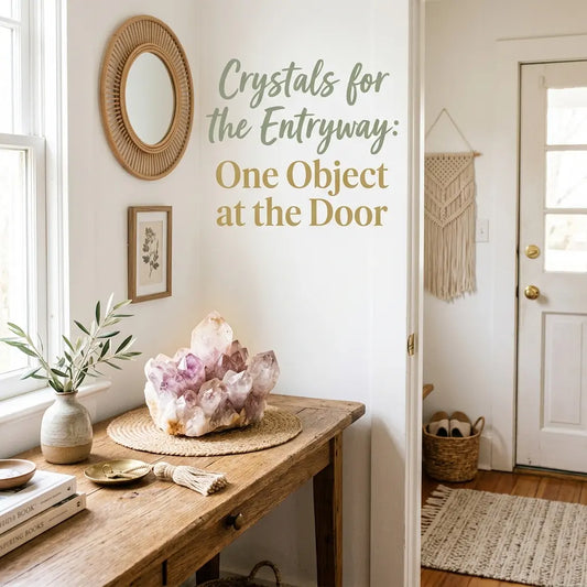 Amethyst cluster and a dark stone on an oak entryway bench beside a vase of greenery