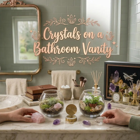 Rose quartz sphere on a small dish at the dry end of a wood vanity